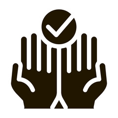 Sticker - Hands Fingers Palms Up Approved Mark glyph icon . Approved Sign On Document File, Protection Shield And Opened Carton Box Pictogram. Monochrome Illustration