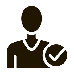 Poster - Character Silhouette Man Approved Mark glyph icon . Approved Sign On Document File, Protection Shield And Opened Carton Box Pictogram. Monochrome Illustration