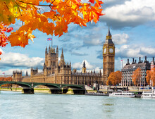 Big Ben Tower With Houses Of Parliament And Westminster Bridge In Autumn, London, UK