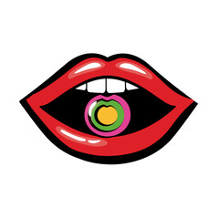 Sticker - Pop art mouth eating sweet candy fill style icon