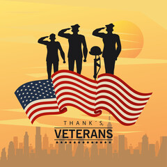 Poster - happy veterans day lettering in poster with officers military and cityscape