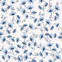 Ditsy Pattern. Vector Floral Seamless Texture. Abstract Background With Simple Small Blue Flowers, Leaves. Liberty Style Wallpapers. Subtle Ornament. Elegant Repeat Design For Decor, Fabric, Print