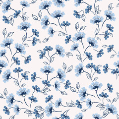 Ditsy pattern. Vector floral seamless texture. Abstract background with simple small blue flowers, leaves. Liberty style wallpapers. Subtle ornament. Elegant repeat design for decor, fabric, print