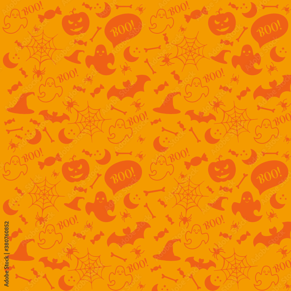 seamless pattern of Halloween doodles on orange background illustration ...