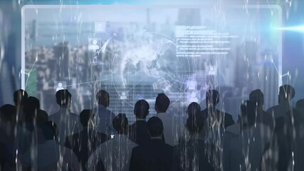 Network of connections over group of people watching digital interface data processing