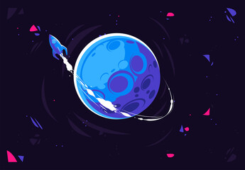 Wall Mural - vector illustration of a flying rocket orbiting a planet, leaving a white trail behind it, space the