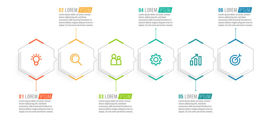 Wall Mural - Minimal Business Infographics template. Timeline with 6 steps, options and marketing icons .Vector linear infographic with six conected elements. Can be use for presentation.