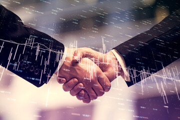 Double exposure of forex graph hologram and handshake of two men. Stock market concept.