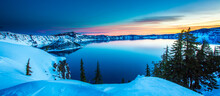 Crater Lake Just Before Sunrise, Crater Lake National Park In Winter, Oregon., Wizard Island In The Background