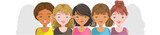Fototapeta Dinusie - Girls group. Girl group face set. Asian girl, European girls and african girls group. Female portrait. Head, face and  hairstyle for puberty girl.