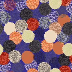 Wall Mural - Vector pom pom bobble seamless pattern, trendy color, fall 2020, grey, orange, black, almond, blue, wine red. Repeating pattern.