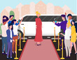 © 100% HAND-CRAFTED - The celebrity standing near the white limousine on the red carpet, surrounded by a crowd of fans and reporters. Flat vector illustration.