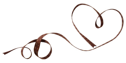 Wall Mural - brown ribbon curl in view of heart isolated on white background. brown ribbon bow and curl isolated 