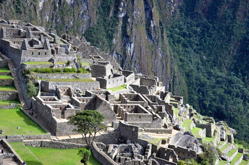 View of the stone ruins and buildings inside the ancient Incan city of Machu Picchu