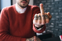 Bearded Man Showing Middle Finger