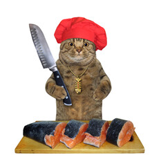 Wall Mural - A beige cat in a red chef hat is cutting a fish on a wooden board. White background. Isolated.