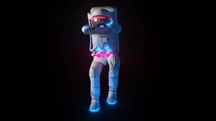 Wall Mural - Funny Dancing Astronaut With Neon Light Space Suit. Alpha Channel. Seamless Loop