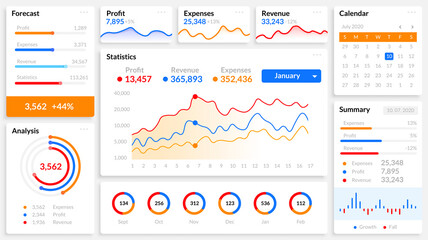 Poster - Infographic dashboard. Charts, bars and diagrams UI design elements for business presentation, mobile application and website template. White frames with statistics, calendar, forecast vector set