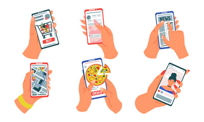 Poster - Hands with phones. Cartoon mobile devices with delivery, map application, news and shopping app. Collection communication and social network flat illustration isolated on white background vector set