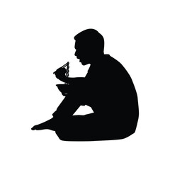 Sitting man eat noodle silhouette vector