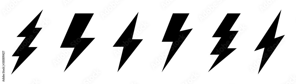 Lightning bolt icons set. Energy and thunder symbol. Lightning strike vector icon on white background. Vector illustration. - obrazy, fototapety, plakaty 