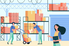 Staff Working In Logistic Storage Isolated Flat Vector Illustration. Cartoon Stockroom Workers And Loaders Taking Boxes From Cargo Pallet In Stockroom. Delivery Service And Warehouse Interior Concept