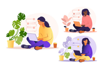 Wall Mural - Woman sitting with laptop. Concept illustration for working, studying, education, work from home, healthy lifestyle. Can use for backgrounds, infographics, hero images. Flat. Vector illustration.