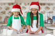 © Ольга Чуприна - Two girls dressed in green T-shirts, red hats and aprons prepare dough for cookies, gingerbread for the New Year holiday, Christmas. Blurred background.