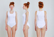 © oleg_ermak - Young caucasian woman model posing in studio in an bodysuit, on gray background. Redhead girl wearing her hair in a bun with healthy freckled skin