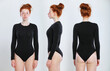 © oleg_ermak - Young caucasian woman model posing in studio in an bodysuit, on gray background. Redhead girl wearing her hair in a bun with healthy freckled skin