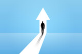 Fototapeta Konie - Business growth vector concept with man walking towards upwards arrow. Symbol of success, promotion, career development.