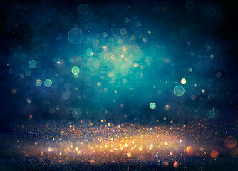 Wall Mural - abstract xmas background - golden and blue glitter with defocused lights - vintage toned