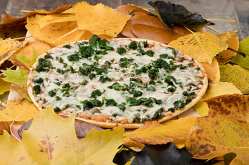 Pizza with spinach, autumn leaves background, no people