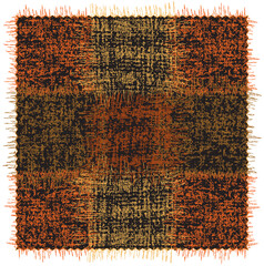 Poster - Rustic mat, rug, plaid, carpet with grunge rough square elements applique to cloth in orange, yellow, green colors on black backdrop