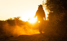 A Woman Wearing A Hat, And With A Backpack. She Holds Yellow Leaves In Her Hand At Sunset. Autumn, Copy Space.