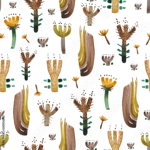 Cuadros en Lienzo Seamless watercolor pattern of dried flowers in primitivism style with the abstract brush strokes