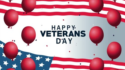 Poster - happy veterans day lettering animation with balloons helium and flag