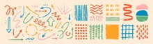 Various Sketchy Doodle Arrows, Direction Pointers Shapes And Objects. Freehand Colorful Lines, Curves, Dots, Spiral. Brush Stroke Style. Grunge Texture. Hand Drawn Abstract Vector Set