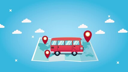 Sticker - world tourism animation with van in paper map and pins locations