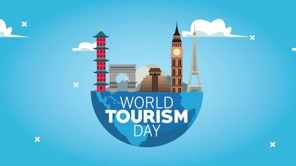 Poster - world tourism day lettering with earth planet and monuments