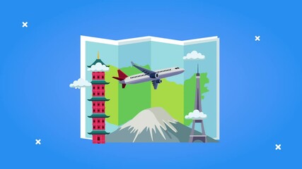 Sticker - world tourism animation with paper map and airplane flying in monuments