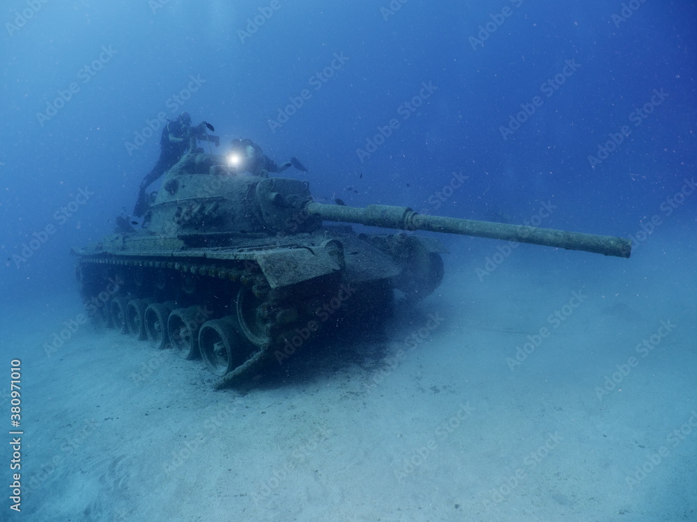 scuba diver exploring tank wreck underwater wreck dive blue water kas turkey - obrazy, fototapety, plakaty 