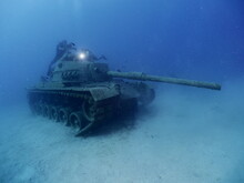 Scuba Diver Exploring Tank Wreck Underwater Wreck Dive Blue Water Kas Turkey