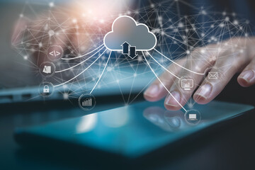person working on computer devices for cloud computing digital technology development concept