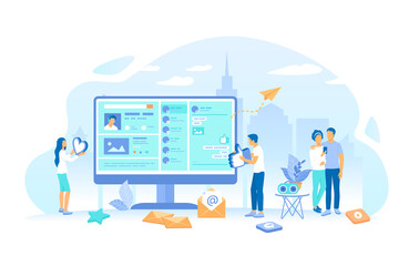 Wall Mural - People communicate on a social network, read posts, give likes. Online internet communication. Web page interface, media apps and services. Working process, teamwork communication. Vector illustration