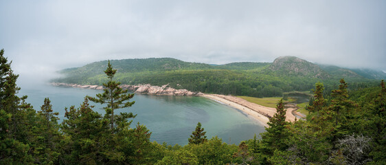 Panorama of Sand beach overlook from Great Head Trail in Acadia National Park