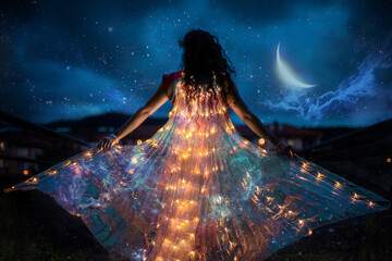 Belly dancer with wings of light under a starry sky