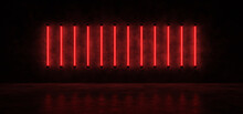 Glowing Vertical Stripes Of Red Against The Concrete Wall, Reflected On The Glossy Floor. Neon Lights Form A Horizontal Stripe In A Dark Space. 3D Render.