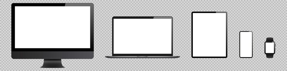 Wall Mural - laptop, computer, tablet, mobile, watch mockup isolated blank screen vector set. white monitor touchscreen gadget technology equipment. phone, smartphone, smartwatch on background