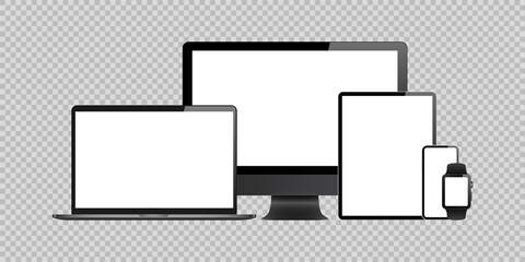 Wall Mural - laptop, computer, tablet, mobile, watch mockup isolated blank screen vector set. white monitor touchscreen gadget technology equipment. phone, smartphone, smartwatch on background